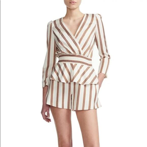 Maje Ieni Romper Size Medium Cream Bronze Striped Peplum One Piece Long Sleeve - Picture 2 of 16